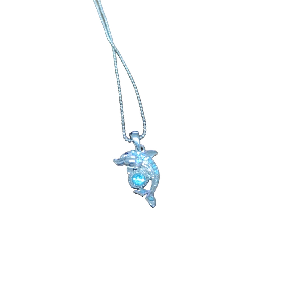 18" Aqua Marine Rhinestones Dolphin pendent on silver tone necklace